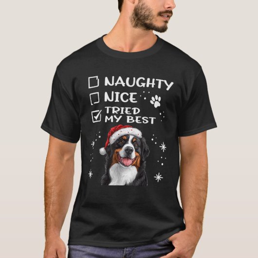 Cute Bernese Mountain Dog Christmas Naughty Nice T Tシャツ (正面)