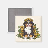 Cute Bernese Mountain Dog Wearing Sunflower Crown マグネット (正面/裏面)