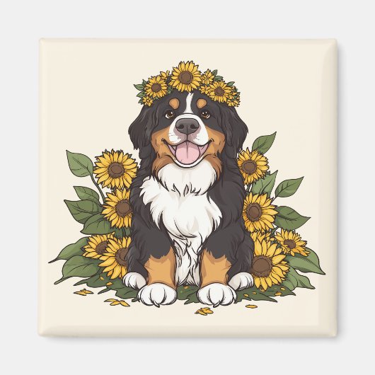 Cute Bernese Mountain Dog Wearing Sunflower Crown マグネット (正面)