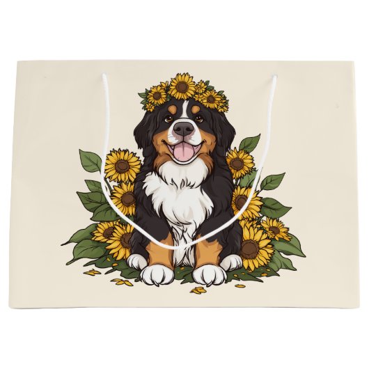Cute Bernese Mountain Dog Wearing Sunflower Crown ラージペーパーバッグ (正面)