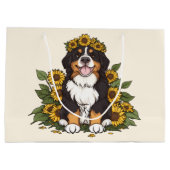 Cute Bernese Mountain Dog Wearing Sunflower Crown ラージペーパーバッグ (裏面)
