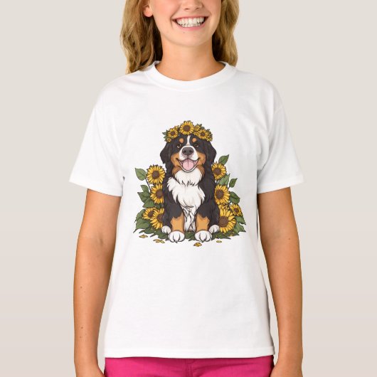 Cute Bernese Mountain Dog Wearing Sunflower Crown Tシャツ (正面)