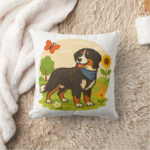Cute Bernese Mountain Dog with Sunflower & Butterf クッション (ブランケット)