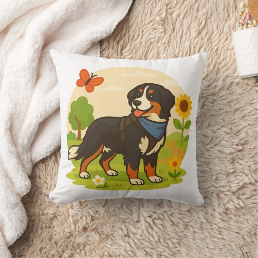 Cute Bernese Mountain Dog with Sunflower & Butterf クッション (ブランケット)