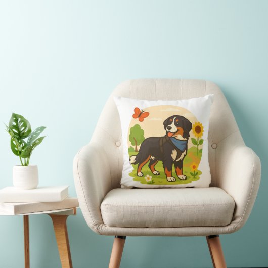 Cute Bernese Mountain Dog with Sunflower & Butterf クッション (椅子)