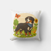 Cute Bernese Mountain Dog with Sunflower & Butterf クッション (正面)