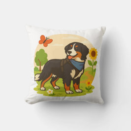 Cute Bernese Mountain Dog with Sunflower & Butterf クッション