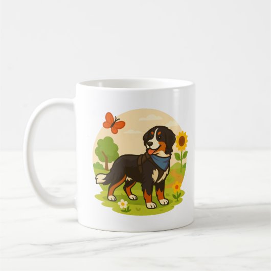 Cute Bernese Mountain Dog with Sunflower & Butterf コーヒーマグカップ (左)