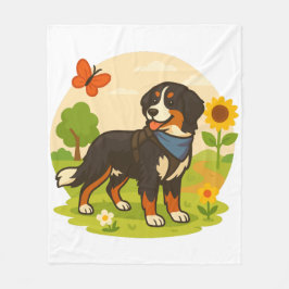 Cute Bernese Mountain Dog with Sunflower & Butterf フリースブランケット