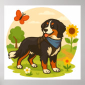 Cute Bernese Mountain Dog with Sunflower & Butterf ポスター (正面)
