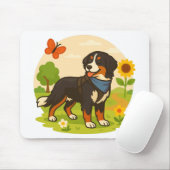 Cute Bernese Mountain Dog with Sunflower & Butterf マウスパッド (マウス)