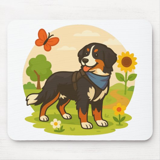 Cute Bernese Mountain Dog with Sunflower & Butterf マウスパッド (正面)