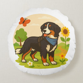 Cute Bernese Mountain Dog with Sunflower & Butterf ラウンドクッション