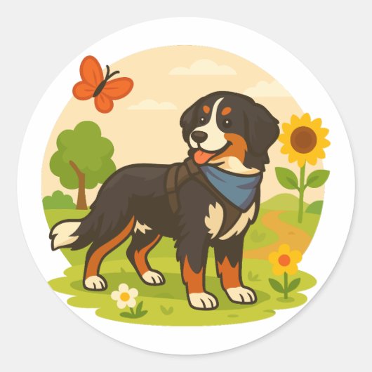 Cute Bernese Mountain Dog with Sunflower & Butterf ラウンドシール (正面)