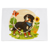 Cute Bernese Mountain Dog with Sunflower & Butterf ラージペーパーバッグ (正面)