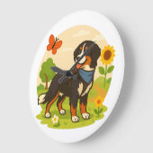 Cute Bernese Mountain Dog with Sunflower & Butterf ラージ壁時計 (傾斜)