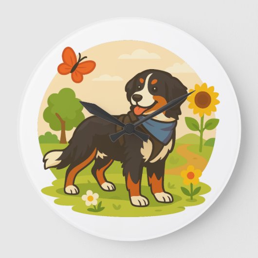 Cute Bernese Mountain Dog with Sunflower & Butterf ラージ壁時計 (正面)