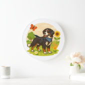 Cute Bernese Mountain Dog with Sunflower & Butterf ラージ壁時計 (ホーム)