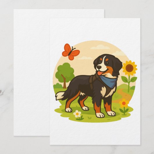 Cute Bernese Mountain Dog with Sunflower & Butterf 招待状 (正面/裏面)