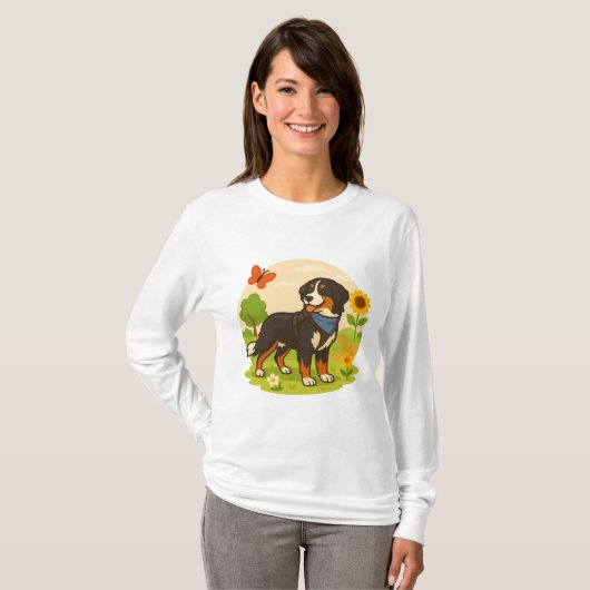 Cute Bernese Mountain Dog with Sunflower & Butterf Tシャツ (正面フル)