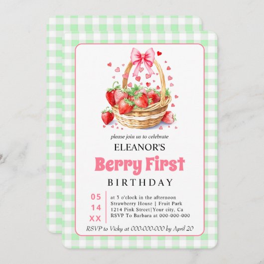 Cute Berry First Birthday strawberries for girls 招待状 (正面/裏面)