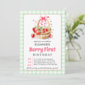 Cute Berry First Birthday strawberries for girls 招待状 (スタンド正面)
