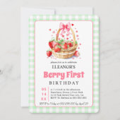 Cute Berry First Birthday strawberries for girls 招待状 (正面)