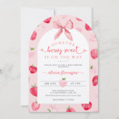 Cute Berry Sweet Baby Shower Strawberries Pink 招待状 (正面)