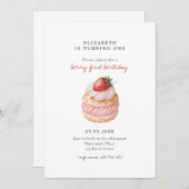 Cute Berry Sweet Pink First Birthday 招待状 (正面/裏面)