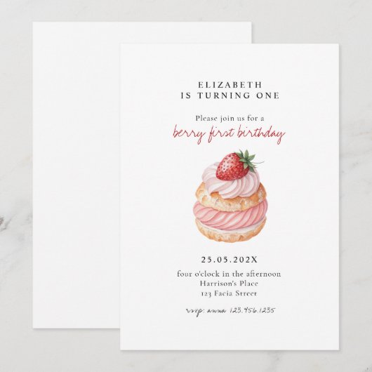 Cute Berry Sweet Pink First Birthday 招待状 (正面/裏面)