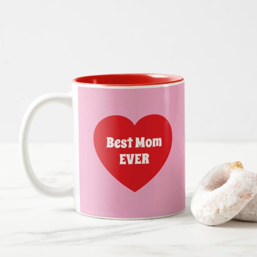 Cute Best Mom Ever Red Heart Simple Pink ツートーンマグカップ (ドーナツ)