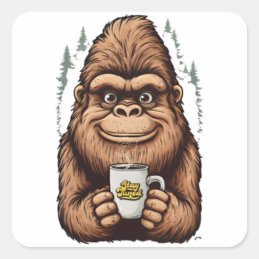 Cute Bigfoot Drinking Coffee Funny Sasquatch スクエアシール (正面)