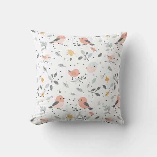 Cute Bird and Foliage Pattern クッション (正面)