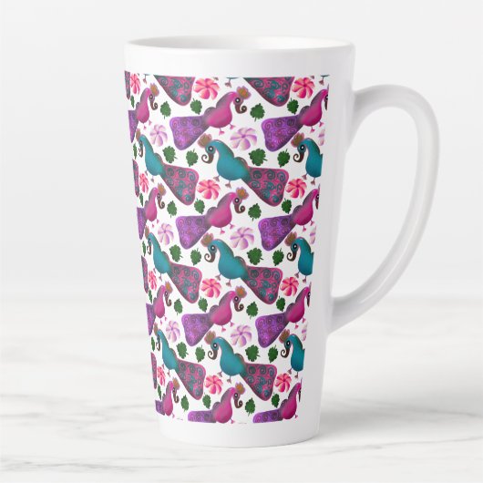 Cute Bird Floral Pattern | Colorful  Birds カフェラテマグ (右)