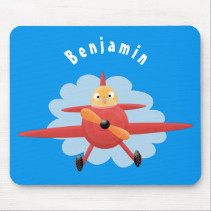 Cute bird flying red airplane cartoon illustration マウスパッド