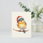 Cute Bird in Santa Hat Watercolor Xmas シーズンポストカード (スタンド正面)