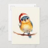 Cute Bird in Santa Hat Watercolor Xmas シーズンポストカード (正面/裏面)
