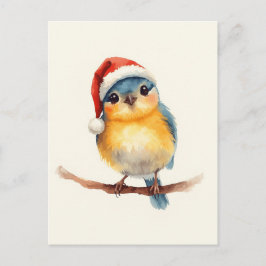 Cute Bird in Santa Hat Watercolor Xmas シーズンポストカード