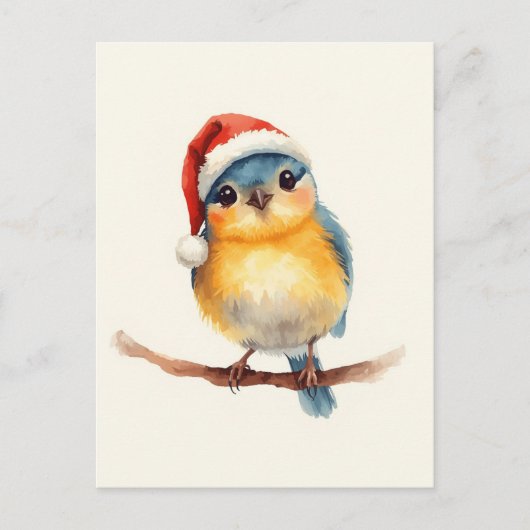 Cute Bird in Santa Hat Watercolor Xmas シーズンポストカード (正面)