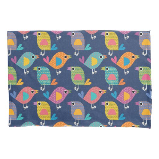 Cute Bird Pattern on Blue 枕カバー (正面)