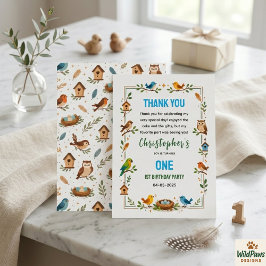 Cute Birds 1st Birthday – Fun Kids Party サンキューカード