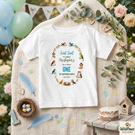 Cute Birds 1st Birthday Party – Fun Kids  ベビーTシャツ
