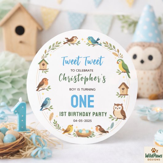 Cute Birds 1st Birthday Party – Fun Kids  ラウンドシール
