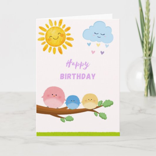 Cute Birds on Branch Birthday Card - Kawaii Sun an カード (正面)