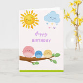 Cute Birds on Branch Birthday Card - Kawaii Sun an カード (黄色い花)
