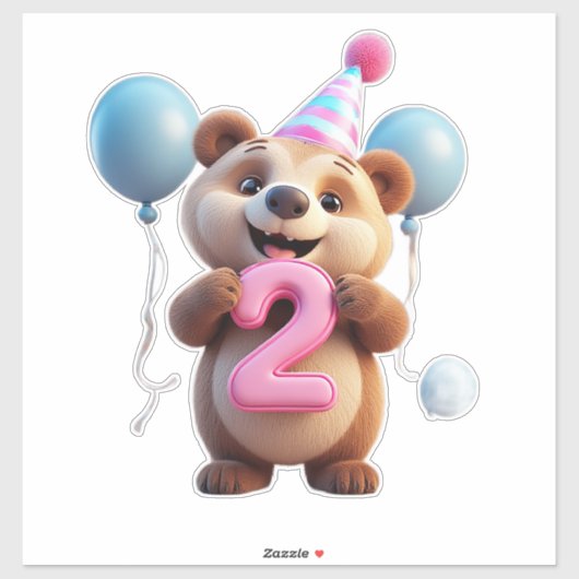 Cute Birthday Bear With Party Hat And Balloons シール (シート)