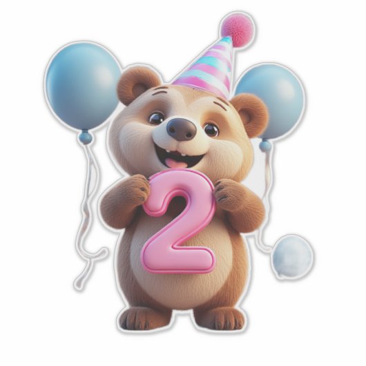 Cute Birthday Bear With Party Hat And Balloons シール (正面)