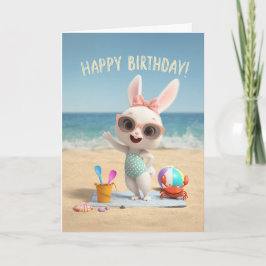 Cute Birthday Bunny in Polka Dot Swimsuit at Beach カード
