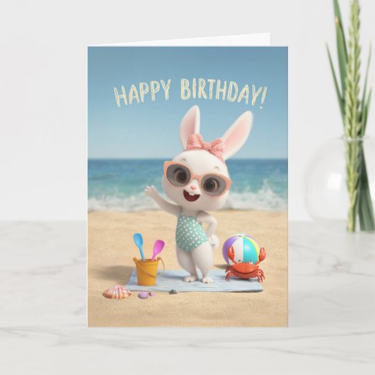 Cute Birthday Bunny in Polka Dot Swimsuit at Beach カード (正面)