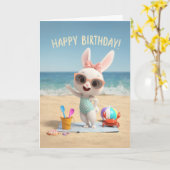 Cute Birthday Bunny in Polka Dot Swimsuit at Beach カード (黄色い花)